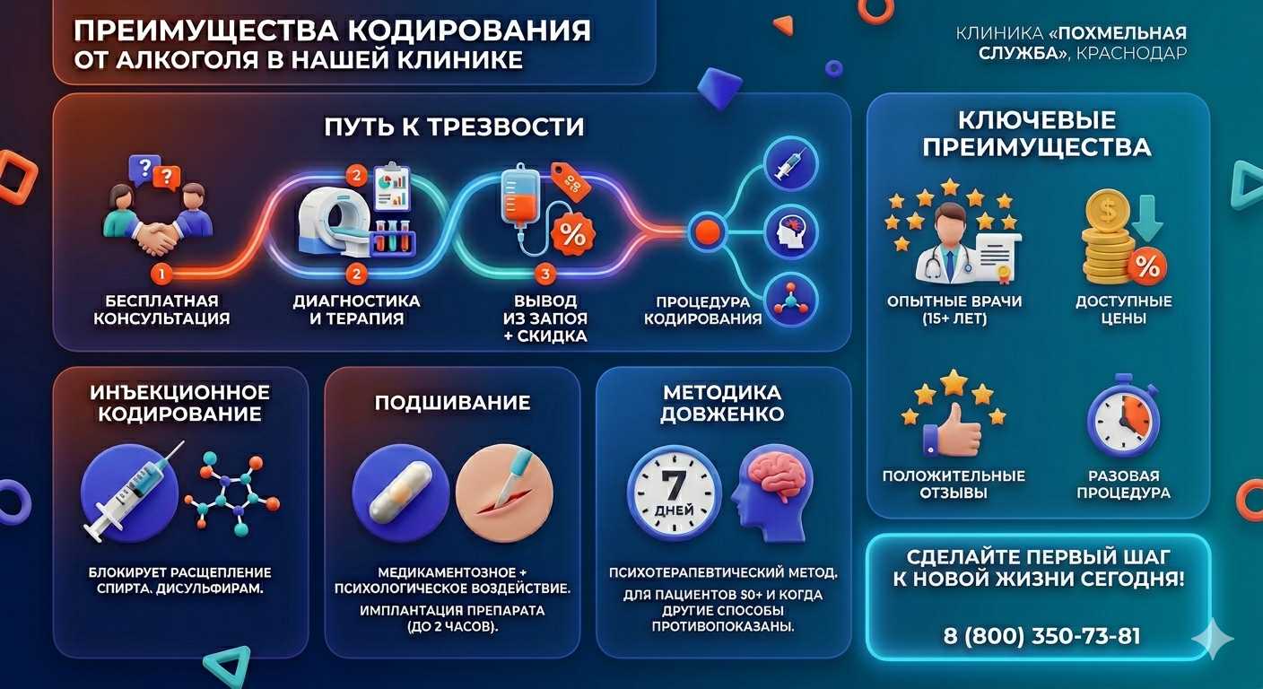 Инфографика о методах кодирования от алкоголя в Серове: инъекции, подшивание, метод Довженко. Преимущества клиники и этапы лечения.