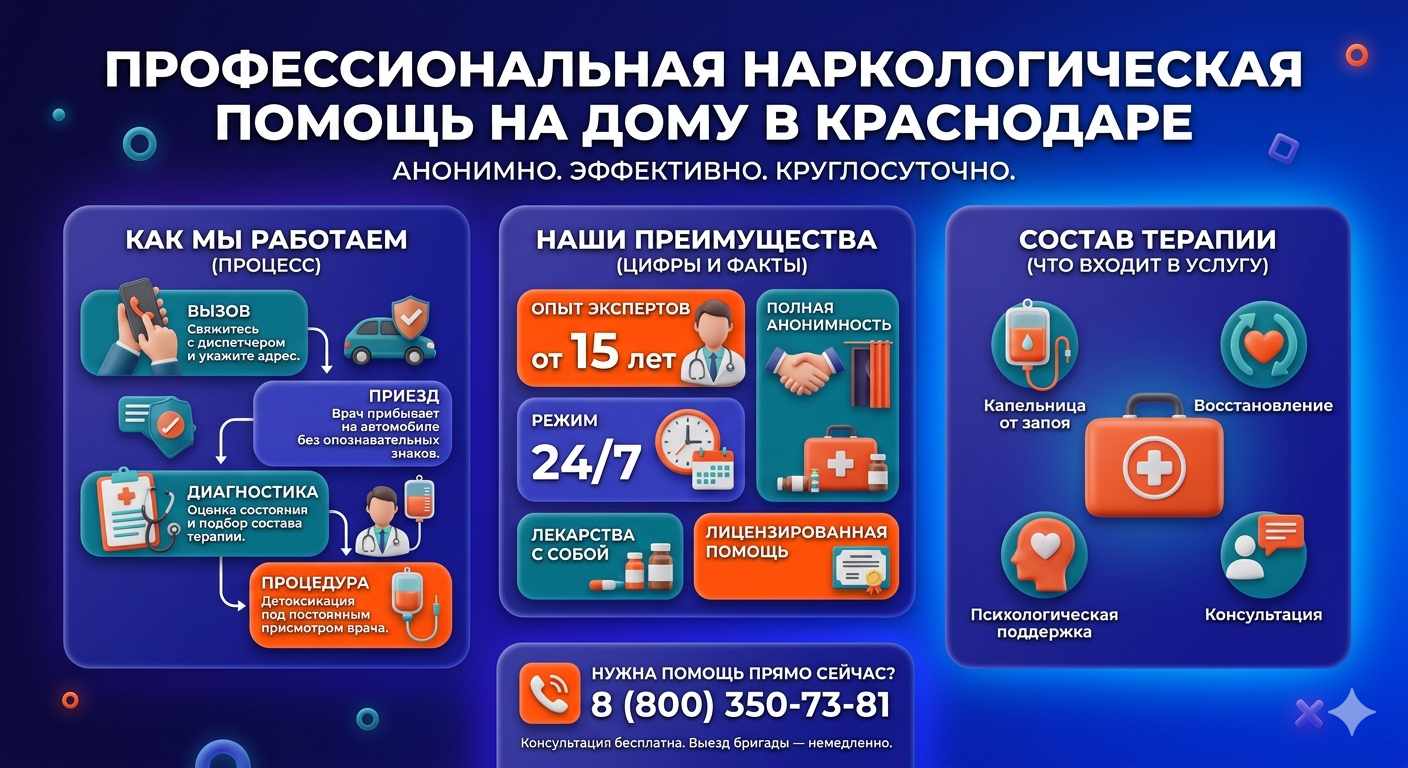 Инфографика о принципах лечения алкоголизма на дому в Серове: этапы вызова нарколога, преимущества анонимной детоксикации и состав медицинской помощи.